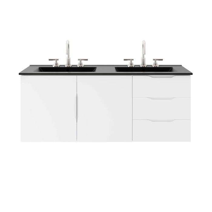 48-Inch Crawford White MDF Wall-Mount Double Sink Bathroom Vanity with Black Integrated Countertop and Soft-Close Drawers