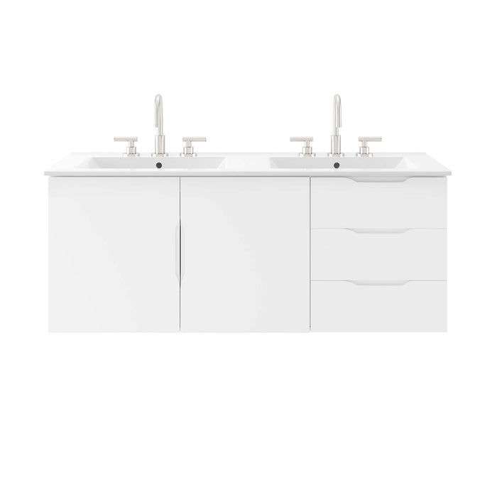 48-Inch Jericho Large All White Melamine Wall-Mount Double Sink Bathroom Vanity with White Countertop and Dual Drawer Storage