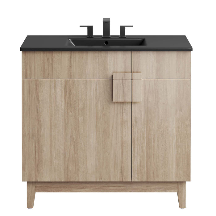 36 Inch Neutron Modern Single Bath Vanity Particleboard Black Oak Finish with Rubberwood Legs Ceramic Basin