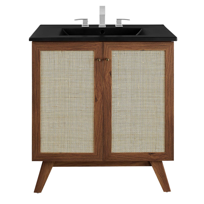 30-Inch Gamada Modern Single Bath Vanity MDF Particleboard Walnut Black with Rattan Weave Organic Ceramic Basin