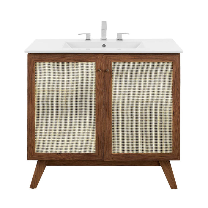 36-Inch Kendi MDF Particleboard Soma Single Bathroom Vanity Modern Walnut White with Rattan Weave Doors Integrated Ceramic