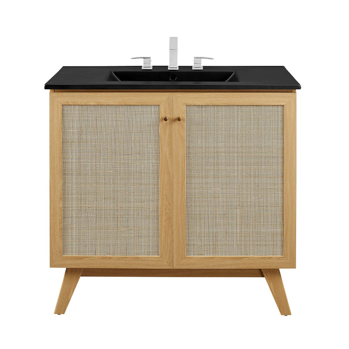 36-Inch Horn MDF Particleboard Soma Single Bathroom Vanity Modern Oak Black with Rattan Weave Doors Integrated Ceramic