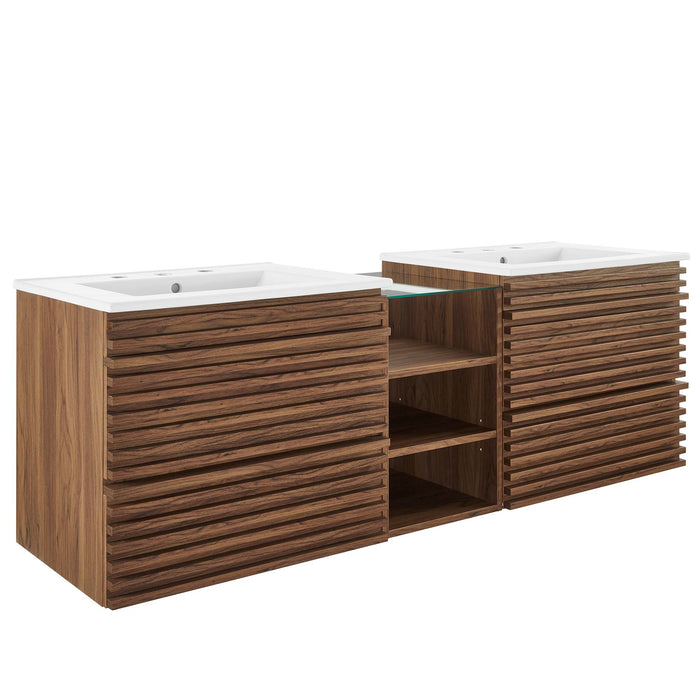 62-Inch Parsons Wall-Mount Double Sink Bath Vanity MDF Particleboard Walnut White with Glass Top Storage Cabinet