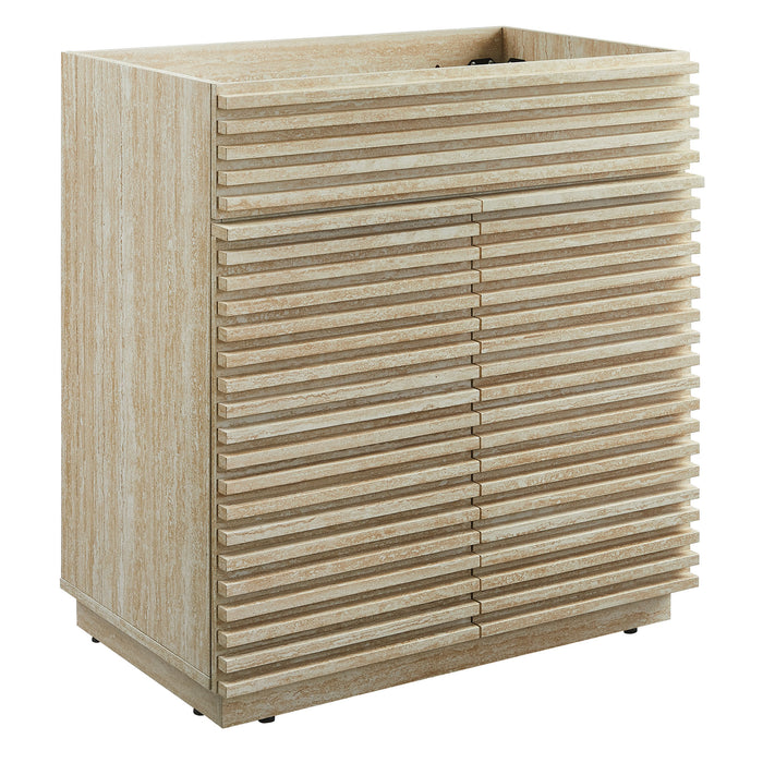 30 Inch Cross Faux Travertine Vanity Cabinet – Open Shelf with Slatted Design