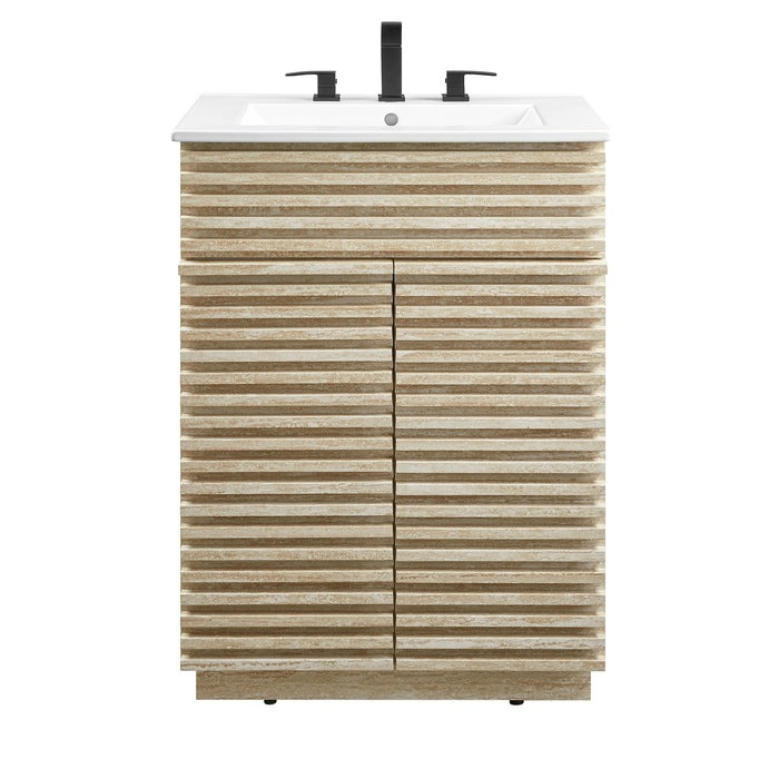 24-Inch Colette Vanity with Sink – Faux Travertine Stone Look, Sleek Open Shelf