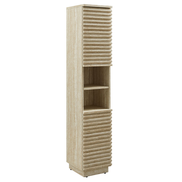 Guilford Tall Faux Travertine Storage Cabinet – Modern Look with Open & Concealed Shelves