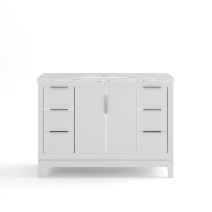 48 Inch Carnra Pure White Bathroom Vanity - Carrara Marble Countertop Single Sink with Brushed Silver Hardware