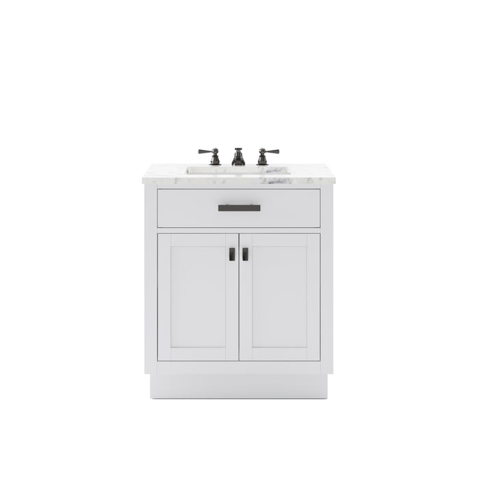 30-Inch Amaris Pure White Bathroom Vanity - Single Sink Carrara Marble Countertop Freestanding
