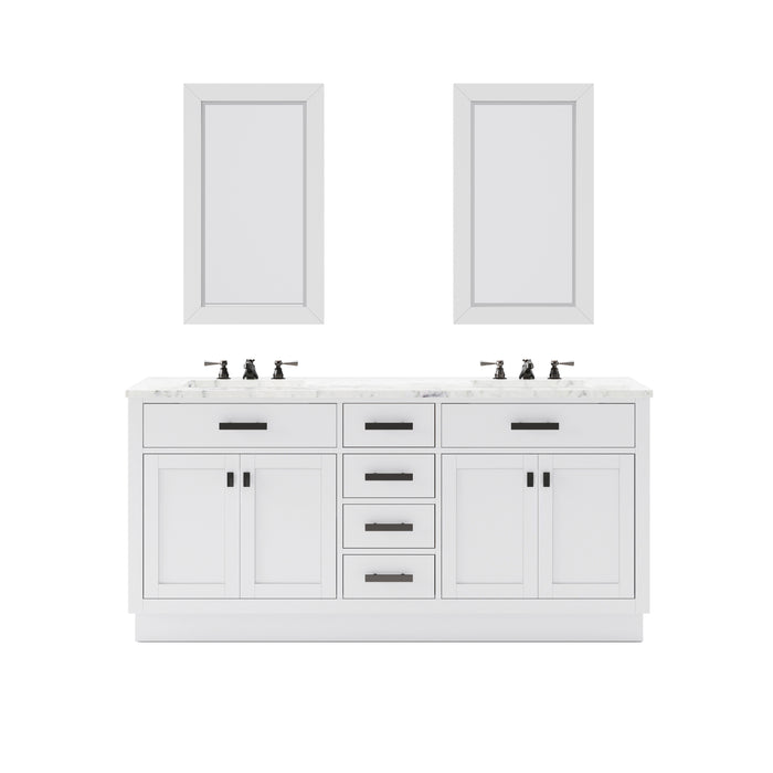 72" Carrara White Marble Glisten Double Sink Bathroom Vanity in Pure White with Rectangular Mirror and Soft Close Storage