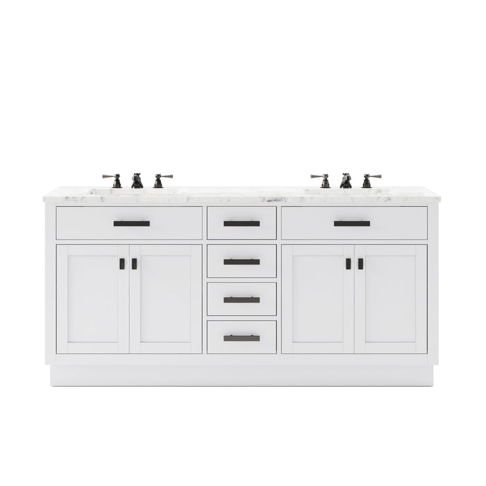 72 Inch Fondant Carrara Marble Pure White Double Vanity - Freestanding Bathroom Vanity with Pre-drilled Faucet Holes & Faucets