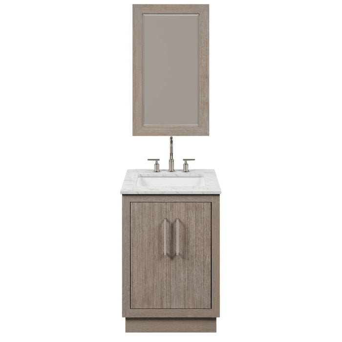 24" Greenwood Carrara White Marble Bathroom Vanity - Grey Oak Single Sink with Chrome Hardware & Mirror