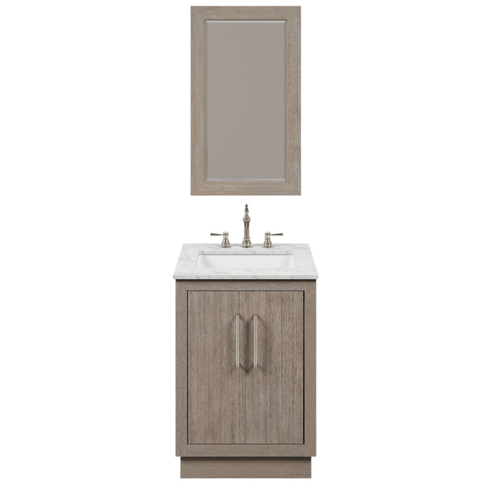 24" Harrow Grey Oak Single Sink Bathroom Vanity Carrara White Marble Countertop with Chrome Hardware Hook Faucet Rectangular Mirror