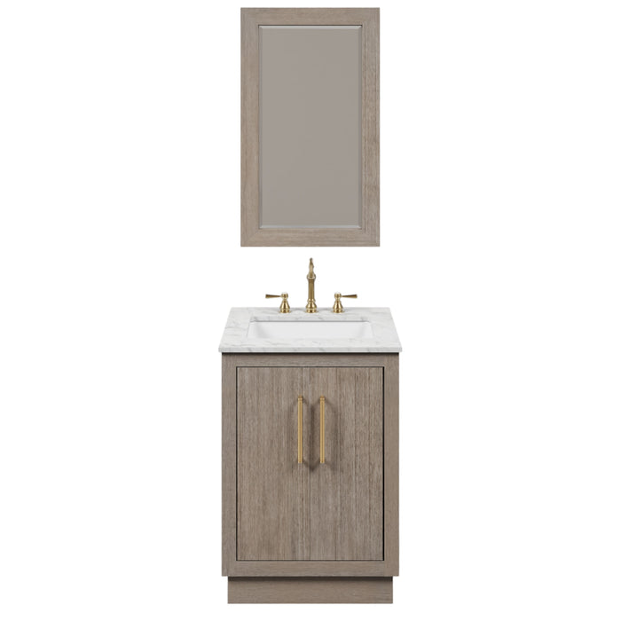 24" Mid-Century Modern Hinter Single Sink Bathroom Vanity - Grey Oak with White Marble Top & Brass Hardware & Rectangular Mirror