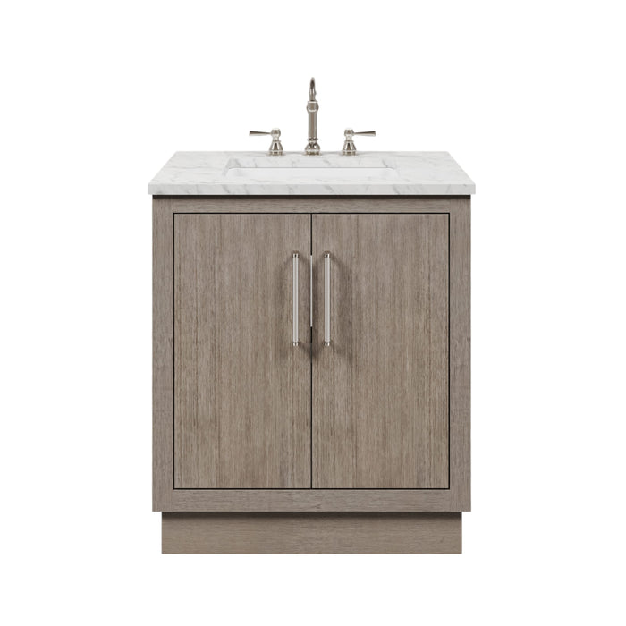30 Inch Carrara White Marble Bathroom Vanity Inecnos Grey Oak Single Sink with Chrome Hardware