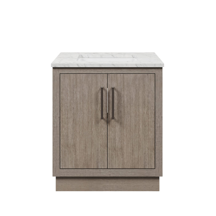 30" Grey Oak Jubilee Bathroom Vanity Cabinet - Single Sink Carrara White Marble Countertop