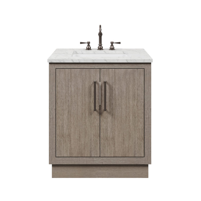 30" Grey Oak Juno Single Sink Bathroom Vanity with Carrara White Marble Countertop & Faucets