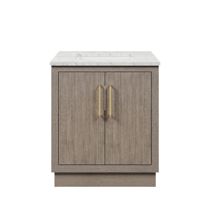 30" Grey Oak Ironwood Bathroom Vanity - Single Undermount Sink with White Carrara Marble & Gold Hardware