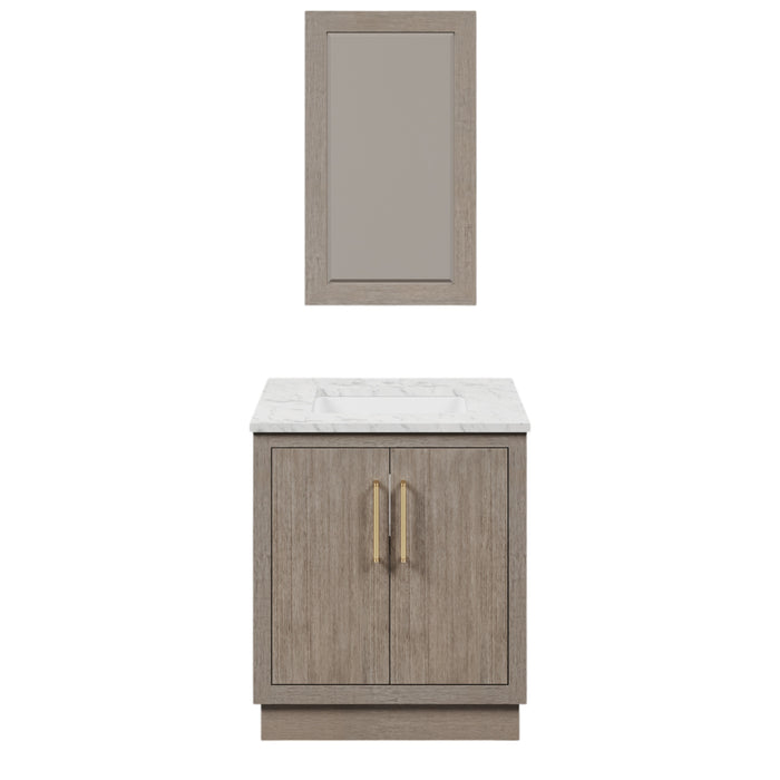 30 Inch Jacar Grey Oak Single Sink Bathroom Vanity with Carrara White Marble Top & Satin Gold Hardware & Rectangular Mirror