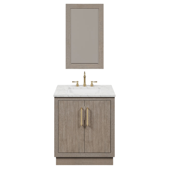 30 Inch Jettison Grey Oak Bathroom Vanity Set with Carrara White Marble Top, Satin Gold Hardware & Mirror
