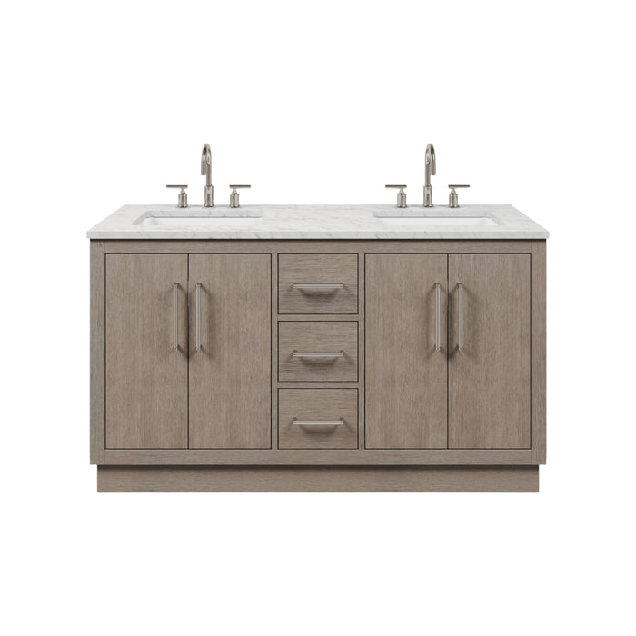 60 Inch Grey Oak Memento Double Sink Bathroom Vanity with Carrara White Marble Countertop and Chrome Hardware