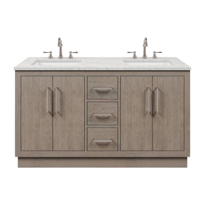 60 Inch Meridian Double Sink Vanity in Grey Oak with Carrara White Marble Top and Chrome Hardware