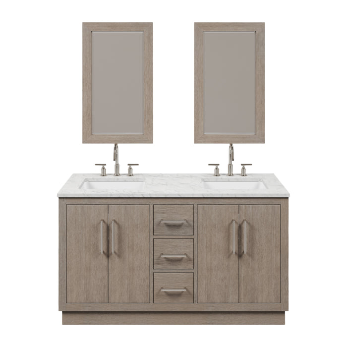 60 Inch Grey Oak Double Sink Vanity Meritage with Carrara Marble Countertop with Chrome Faucets & Rectangular Mirror