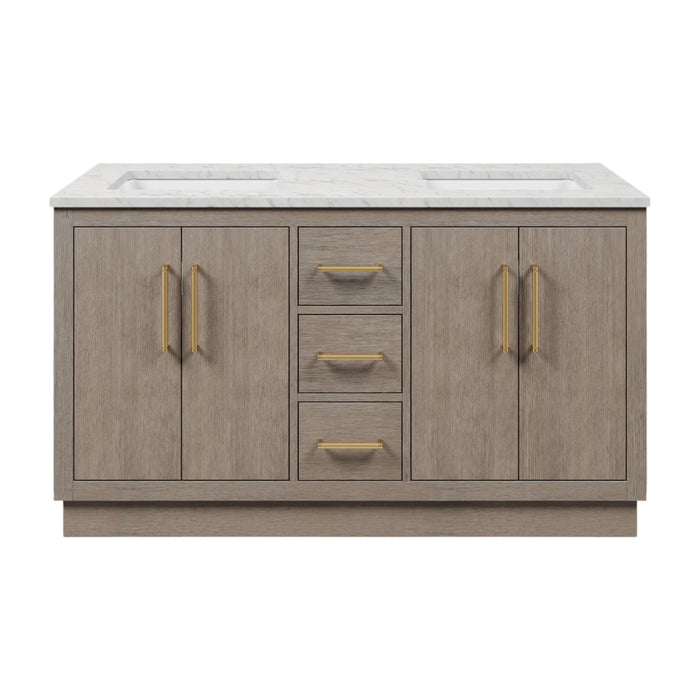 60" Grey Oak Millstone Double Sink Bathroom Vanity with Carrara White Marble Countertop & Gold Hardware