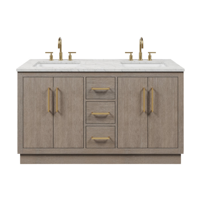 60 Inch Double Sink Mizu Carrara White Marble Countertop Bath Vanity in Grey Oak with Satin Gold Hardware and Hook Faucets