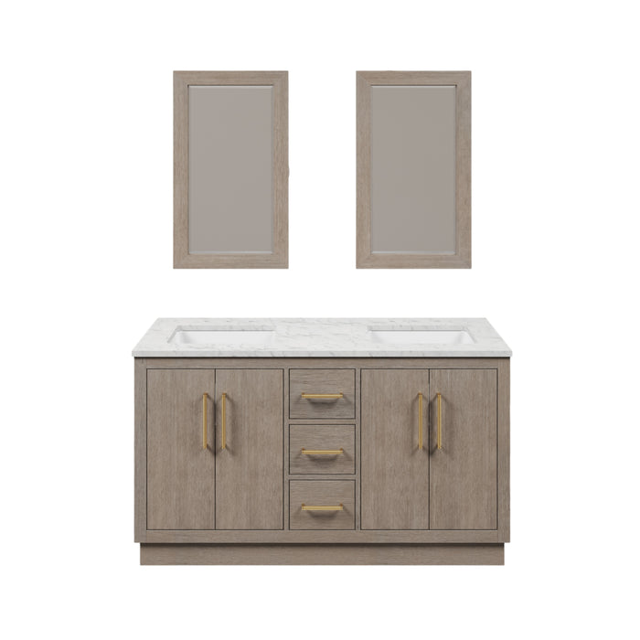 60" Grey Oak Monocle Double Sink Bathroom Vanity with Carrara White Marble Countertop & Satin Gold Hardware