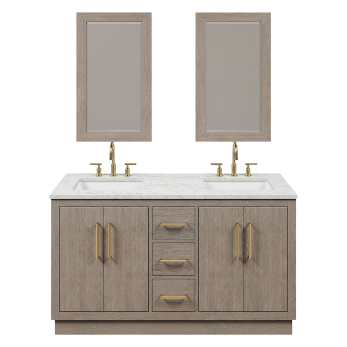 60 Inch Morpheus Grey Oak Double Vanity with Carrara Marble Countertop with Gooseneck Faucets & Rectangular Mirrors