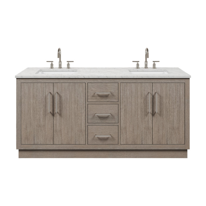 72 Inch Moonstone Grey Oak Double Vanity with Carrara White Marble Top Undermount Sinks with Chrome Hardware & Gooseneck Faucets
