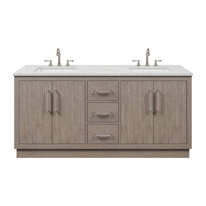 72" Myrrh Carrara Marble Double Bathroom Vanity - Grey Oak Finish with Chrome Hardware