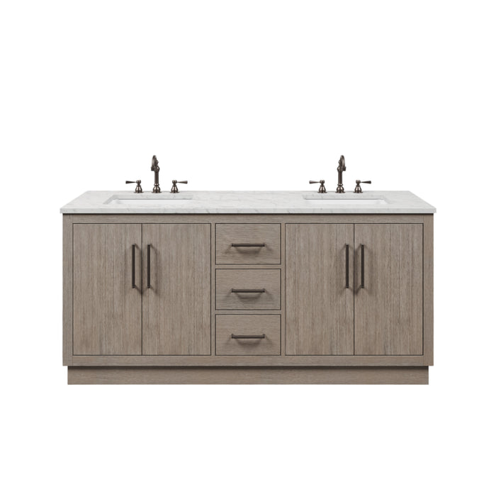 72 Inch Orendae Grey Oak Double Vanity - Carrara Marble Top with Undermount Sinks & Faucets