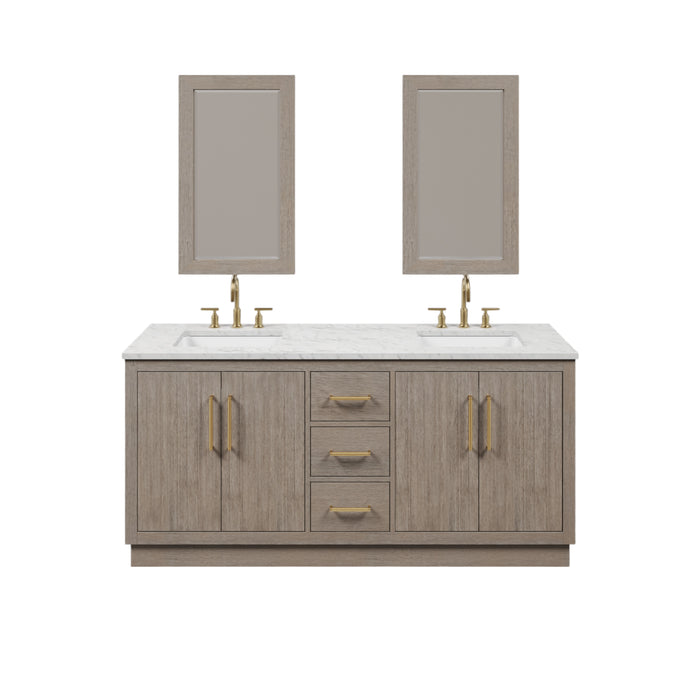 72 Inch Nordica Grey Oak Double Sink Bathroom Vanity - White Marble Countertop Satin Gold Faucets & Mirrors