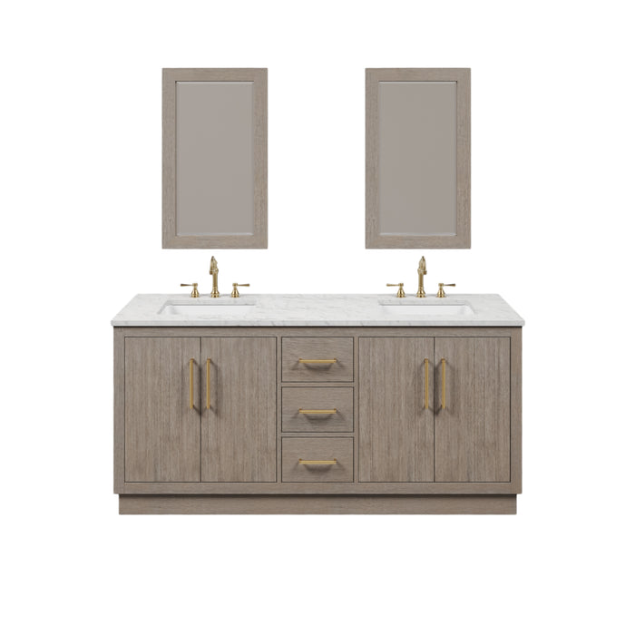 72-Inch Oceane Double Sink Bathroom Vanity Set in Grey Oak with Carrara Marble Satin Gold Hardware, Hook Faucets & Mirrors Included