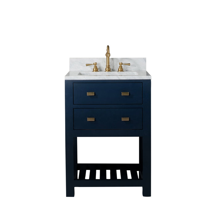 24-Inch Pinnacle Carrara White Marble Bathroom Vanity - Monarch Blue Free-Standing with Satin Gold Hook Faucet & Soft-Close Drawers