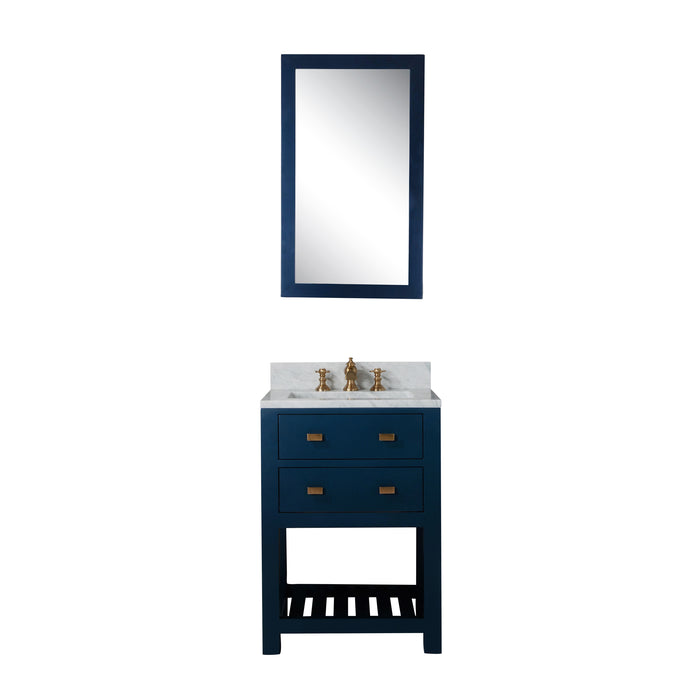 24" Quartz Single Sink Bathroom Vanity Monarch Blue with Carrara White Marble Countertop with Satin Gold Waterfall Faucet & Rectangular Mirror