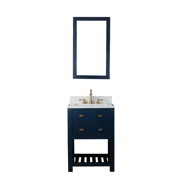 24" Single Sink Portico Bathroom Vanity - Carrara White Marble Countertop, Monarch Blue with Mirror