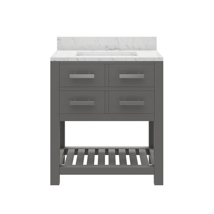 30" Rosette Carrara White Marble Single Sink Bathroom Vanity - Cashmere Grey with Soft Close Drawers