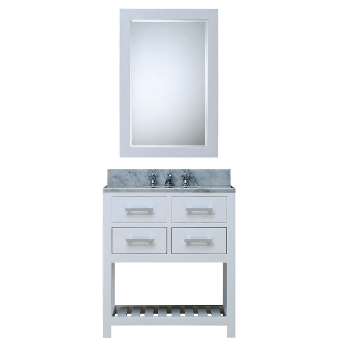 30 Inch Tamarisk Carrara White Marble Bathroom Vanity - Single Sink Pure White with Chrome Hardware & Mirror