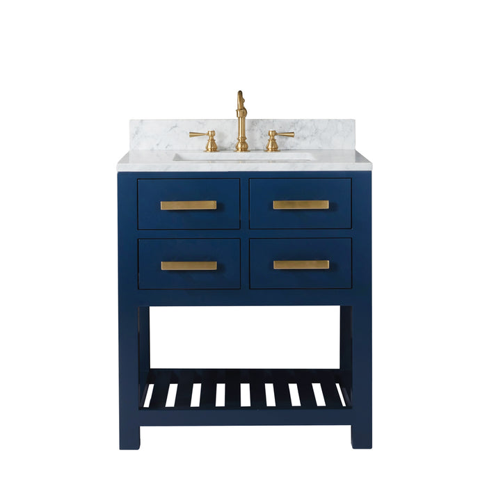 30" Carrara White Marble Sequoia Single Sink Bathroom Vanity - Monarch Blue with Satin Gold Hardware