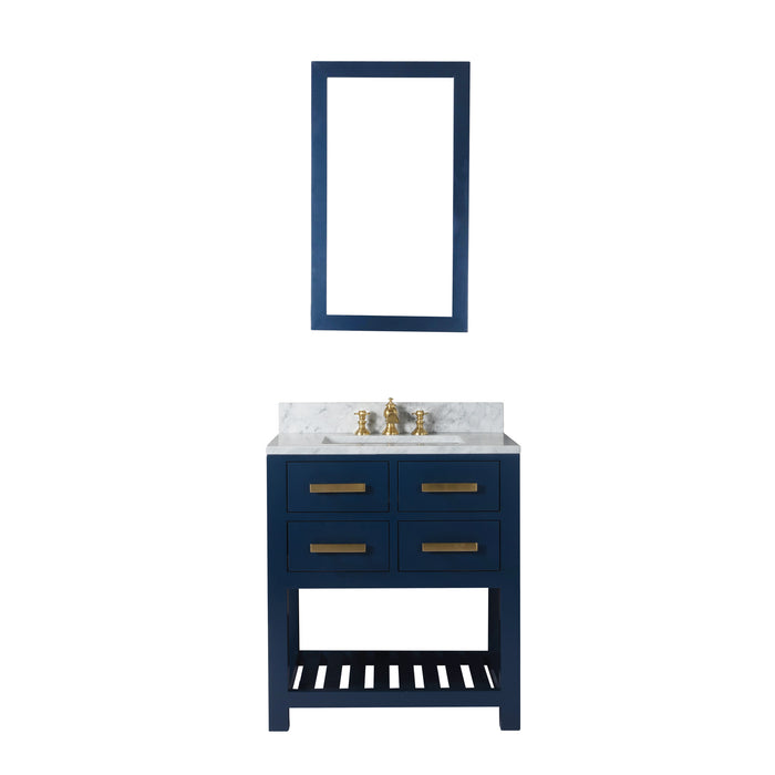 30" Sonora Carrara White Marble Bathroom Vanity Set - Single Sink with Satin Gold Waterfall Faucet & Mirror
