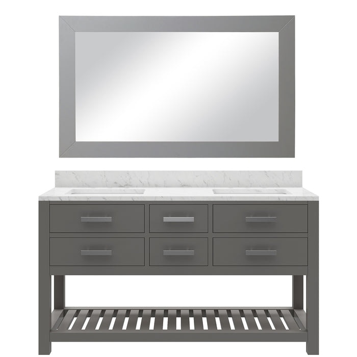 60 Inch Flynn Hardwood Double Sink Bathroom Vanity Carrara Marble Top Cashmere Grey Finish with Mirror