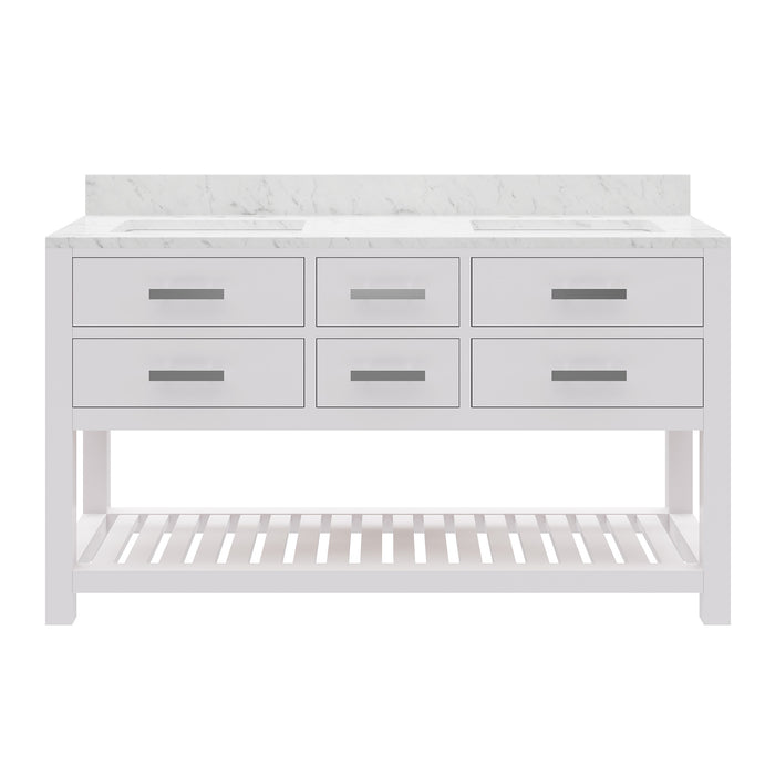60 Inch Baker Pure White Double Sink Vanity with Carrara Marble Countertop - Soft Close Drawers