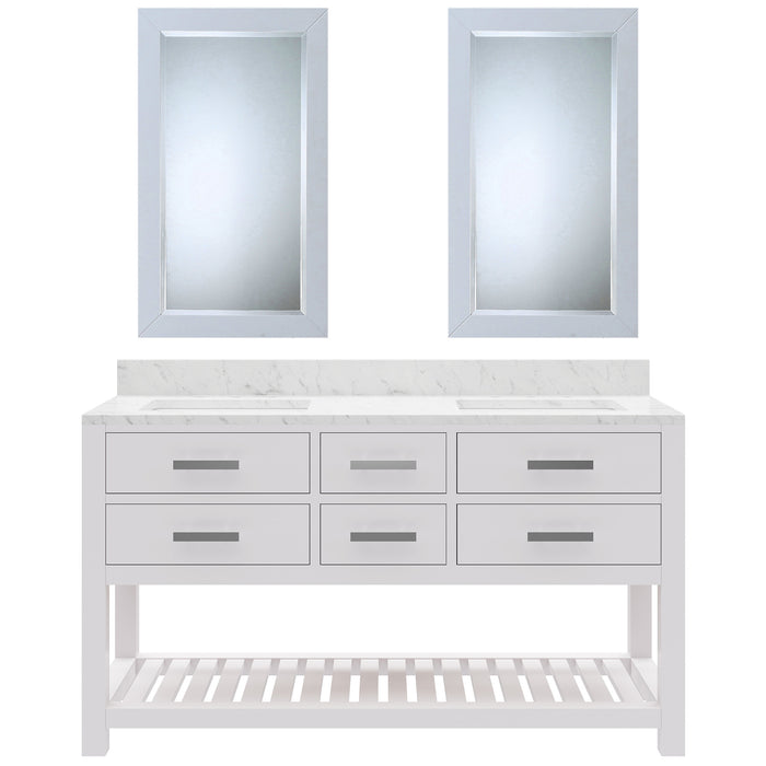 60 Inch Sydney Pure White Double Sink Vanity - Carrara Marble Countertop with Chrome Hardware & Matching Mirrors