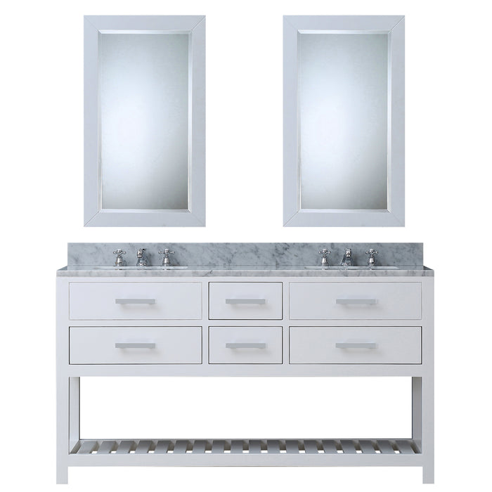 60 Inch Charleston Double Vanity - Carrara White Marble Countertop with Chrome Hardware & Rectangular Mirrors