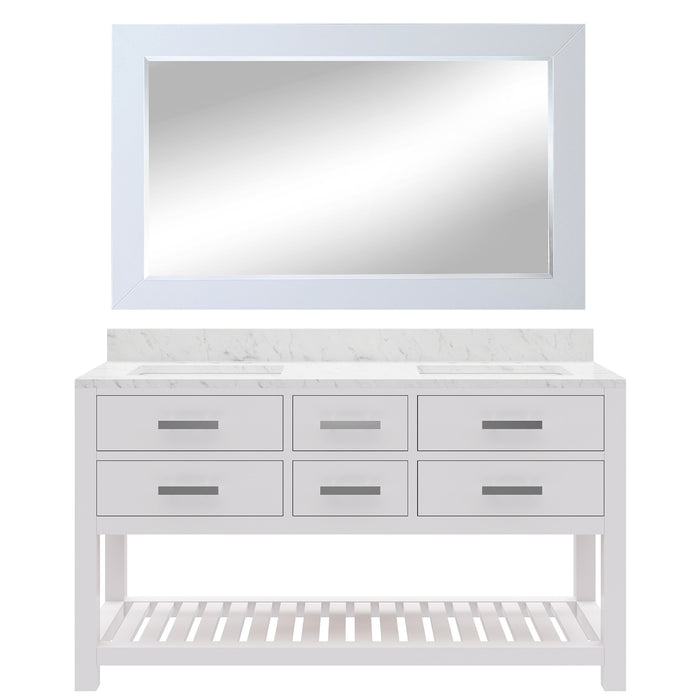 60" Pure White Prairie Hardwood Double Sink Bathroom Vanity - Carrara Marble Top with Rectangular Mirror & Soft-Close Drawers
