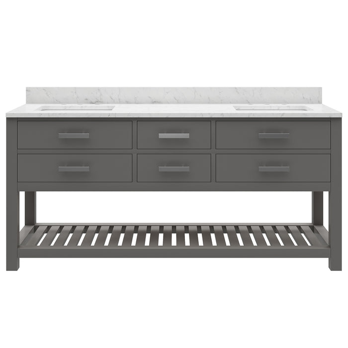 72 Inch Sydney Cashmere Grey Bathroom Vanity - Double Sink with Carrara White Marble Countertop & Soft Close Drawers