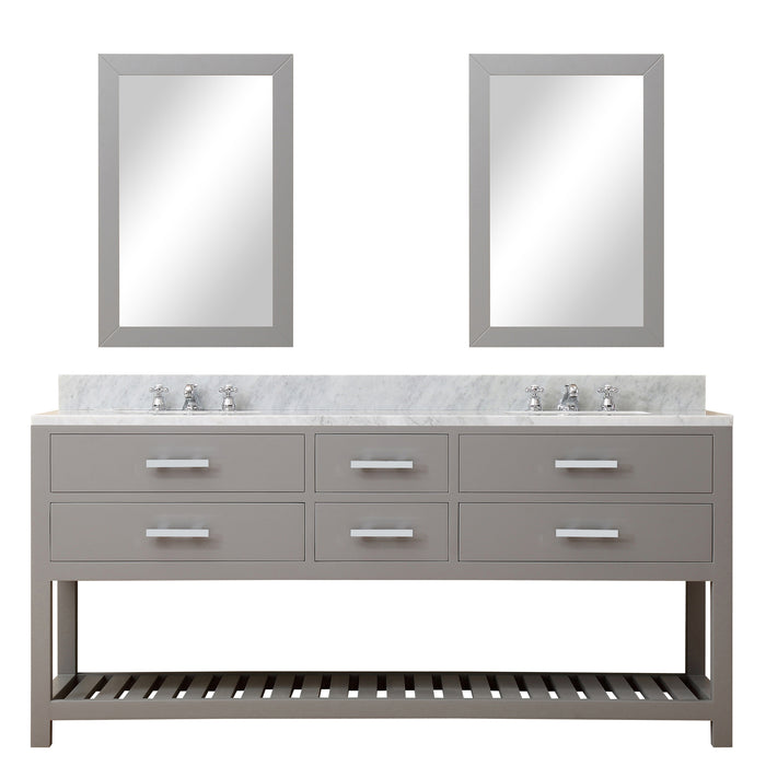 72 Inch Tranquility Double Sink Bathroom Vanity Carrara Marble Countertop Cashmere Grey Chrome Hardware Mirrors Included