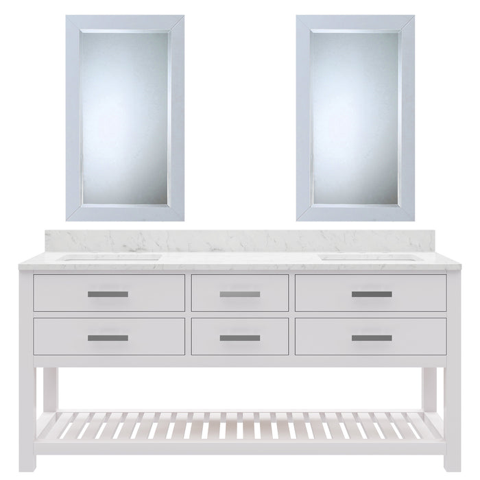 72 Inch Kensington Double Sink Carrara Marble Bathroom Vanity - Pure White with Rectangular Mirrors